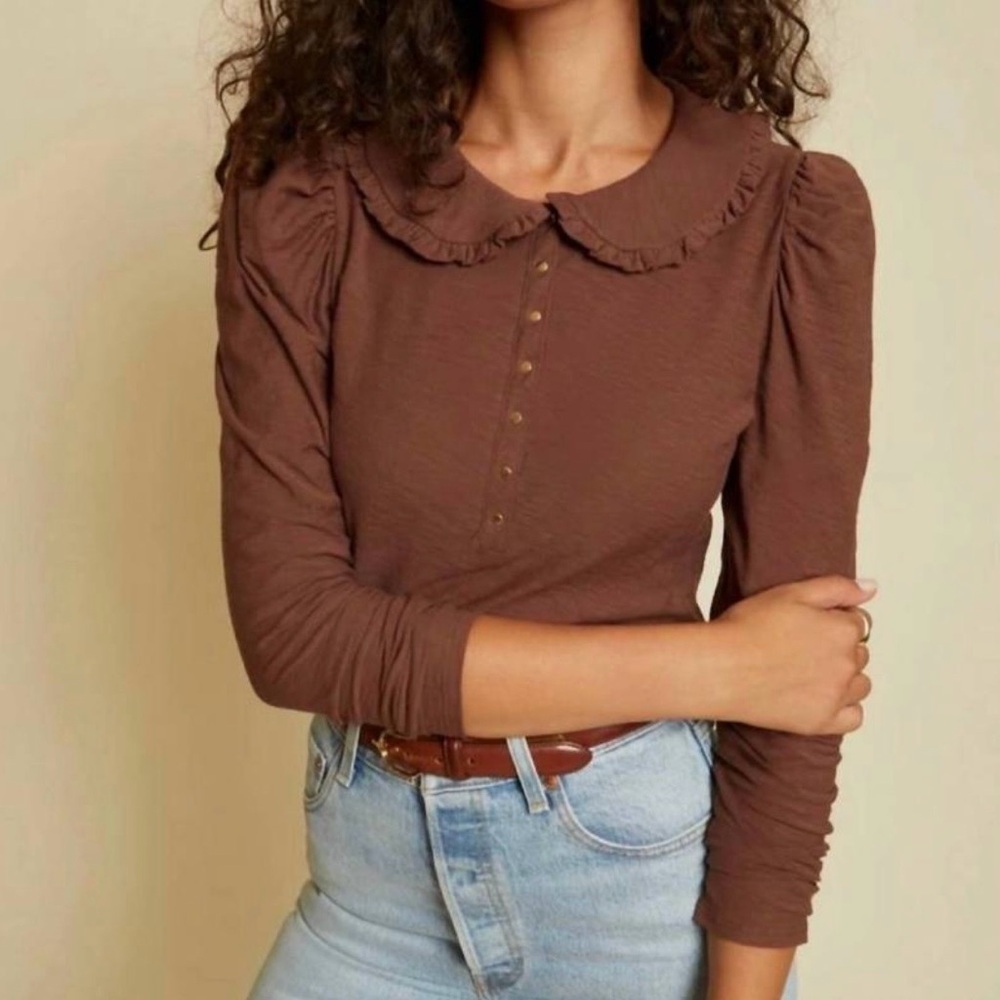 Nation LTD Dabney Prim Proper Peter Pan Ruffle Collar Top Black Cherry Small NEW - Picture 2 of 7
